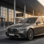 Professional chauffeur in black suit holding Drive Milano sign at airport arrival hall with luxury Mercedes S-Class