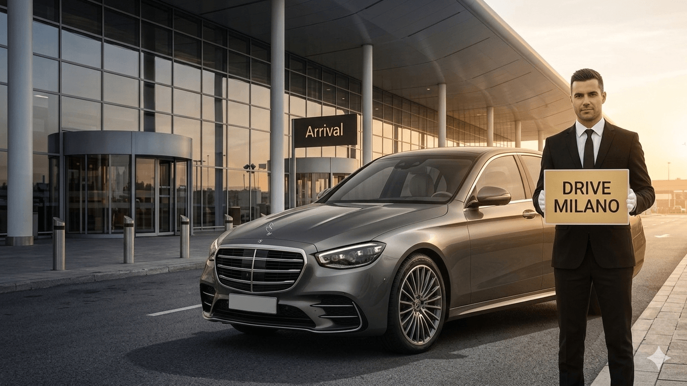 Professional chauffeur in black suit holding Drive Milano sign at airport arrival hall with luxury Mercedes S-Class