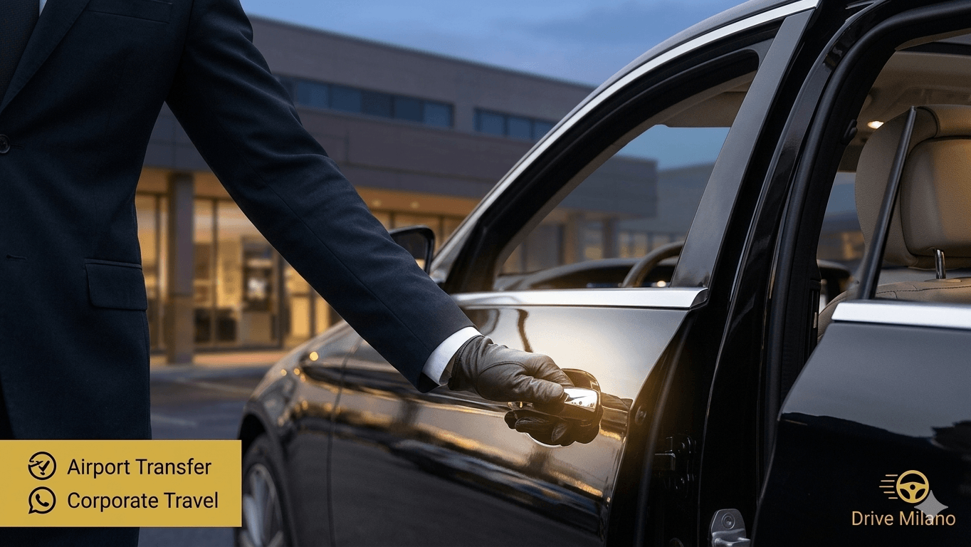 Professional chauffeur in black suit opening Mercedes-Benz S-Class door for transfer in Milan