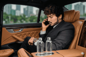 Businessman on a phone call checking his watch in a luxury Mercedes S-Class, Milan private driver service
