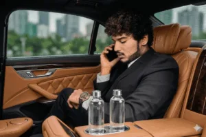 Businessman on a phone call checking his watch in a luxury Mercedes S-Class, Milan private driver service