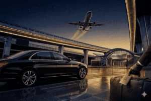 Luxury Mercedes S-Class airport transfer at night with plane taking off, Milan Malpensa service