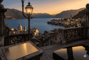 Golden brand plaque on a luxury terrace overlooking Lake Como at sunset, Drive Milano private tours