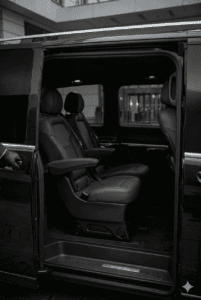 Luxury Mercedes V-Class interior with ambient lighting for VIP transfers in Milan