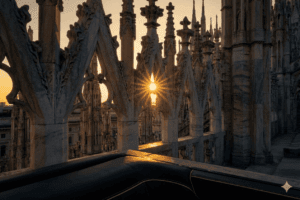 Intricate marble spires of Duomo di Milano at sunset, representing luxury private tours in Milan Italy