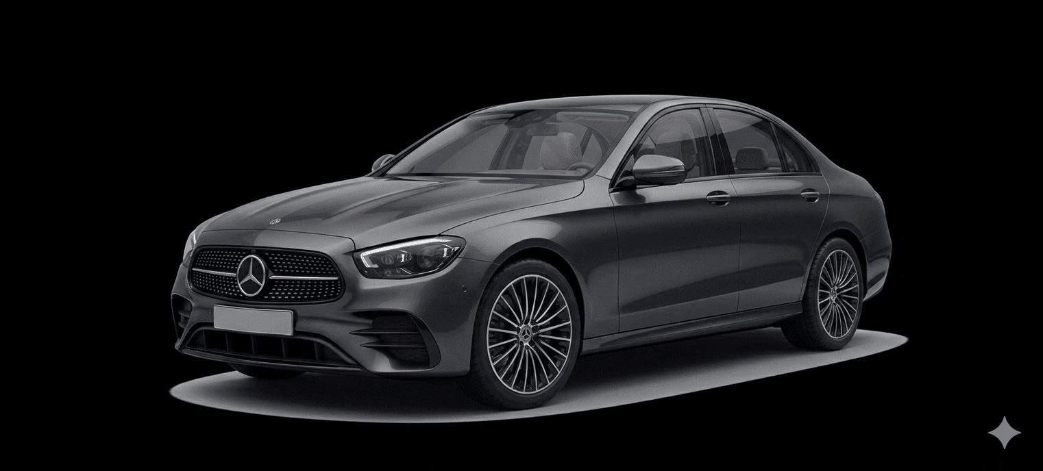 Grey Mercedes E-Class sedan for business chauffeur service in Milan, high-end private car hire Italy