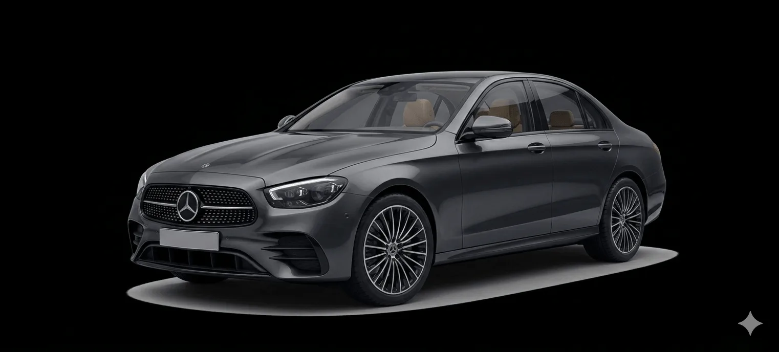 Grey Mercedes E-Class sedan for business chauffeur service in Milan, high-end private car hire Italy