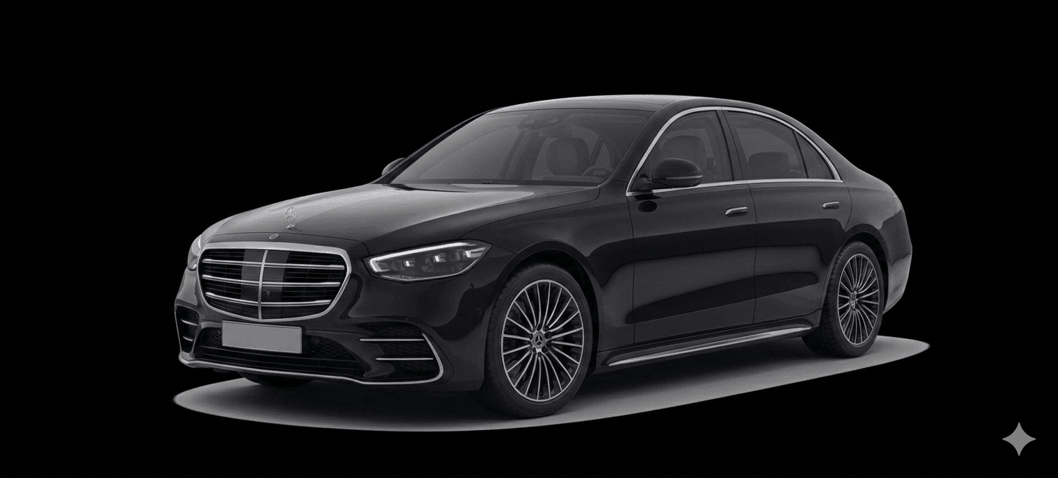 Black Mercedes S-Class sedan for premium chauffeur service in Milan, luxury private car hire Italy