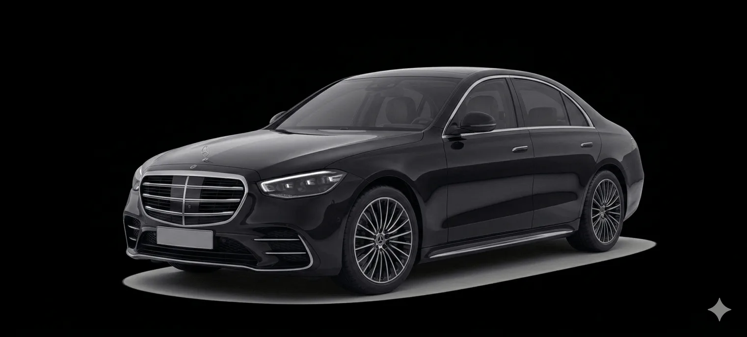Black Mercedes S-Class sedan for premium chauffeur service in Milan, luxury private car hire Italy