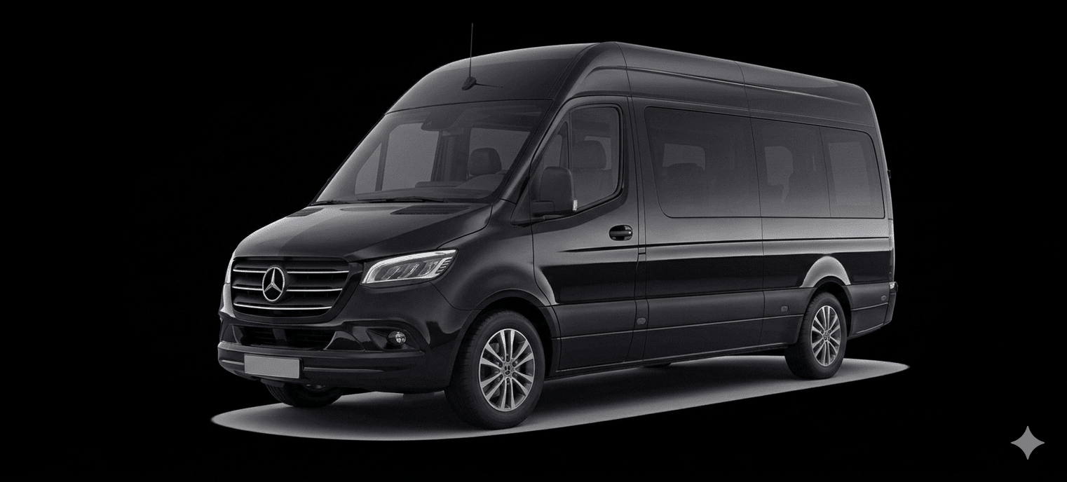 Black Mercedes Sprinter van for group transfers and shuttle service in Milan, professional minibus hire Italy