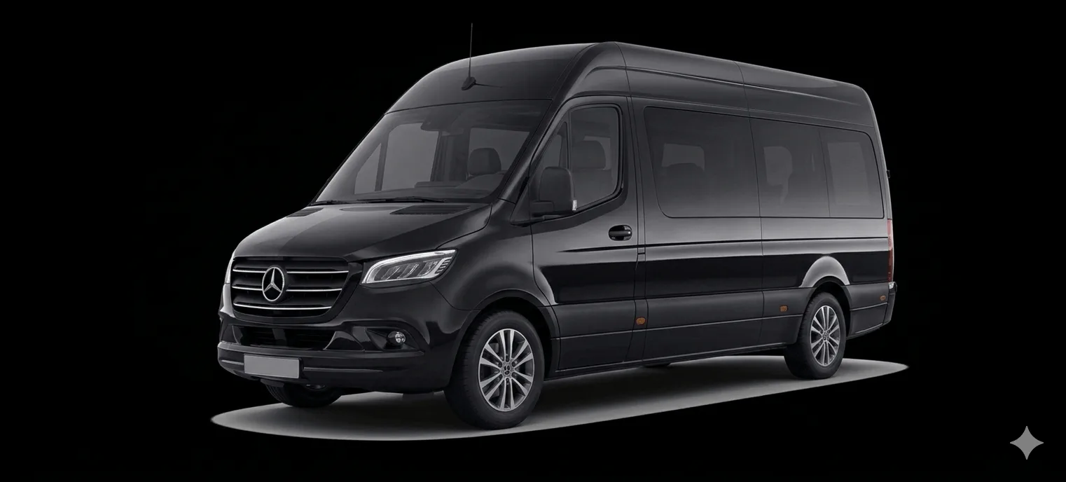 Black Mercedes Sprinter van for group transfers and shuttle service in Milan, professional minibus hire Italy