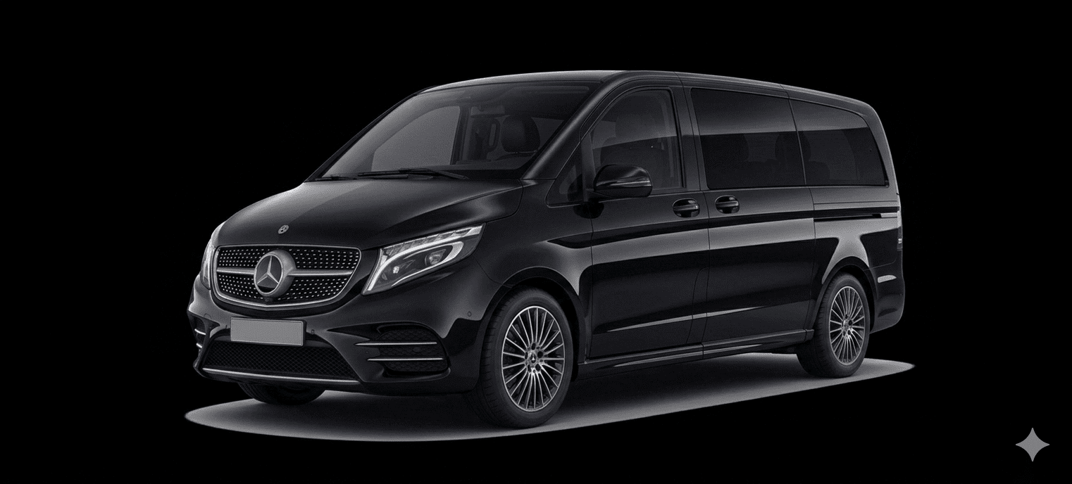 Black Mercedes V-Class luxury van for group chauffeur service in Milan, premium minivan hire Italy