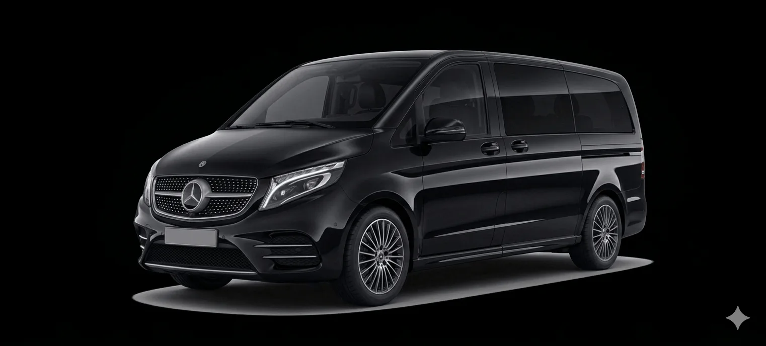 Black Mercedes V-Class luxury van for group chauffeur service in Milan, premium minivan hire Italy