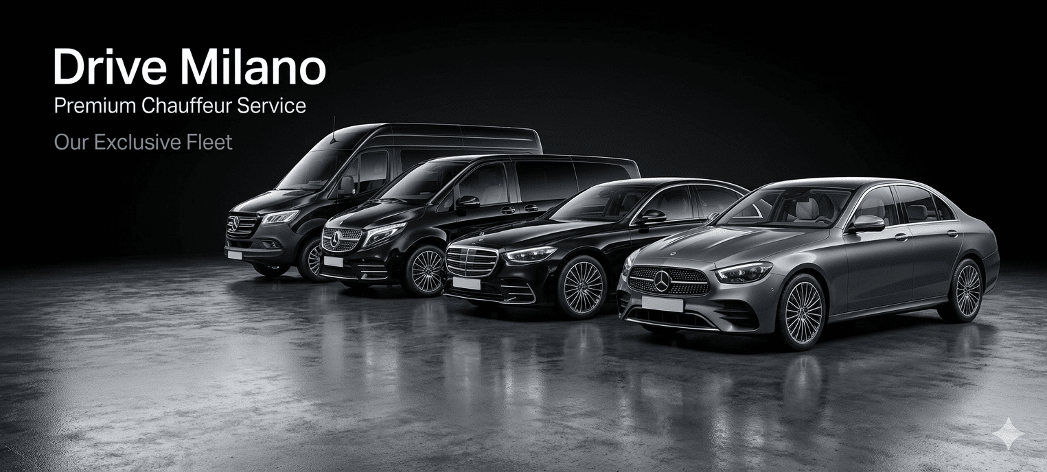 Drive Milano premium chauffeur fleet display featuring Mercedes-Benz Sprinter, V-Class, S-Class, and E-Class luxury vehicles in black and grey, parked in a professional studio setting with company branding.