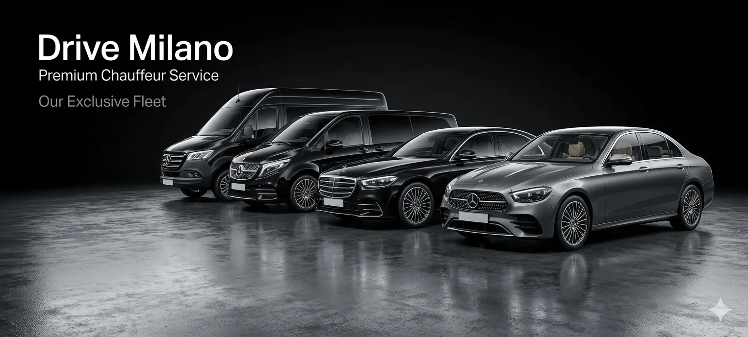 Drive Milano premium chauffeur fleet display featuring Mercedes-Benz Sprinter, V-Class, S-Class, and E-Class luxury vehicles in black and grey, parked in a professional studio setting with company branding.