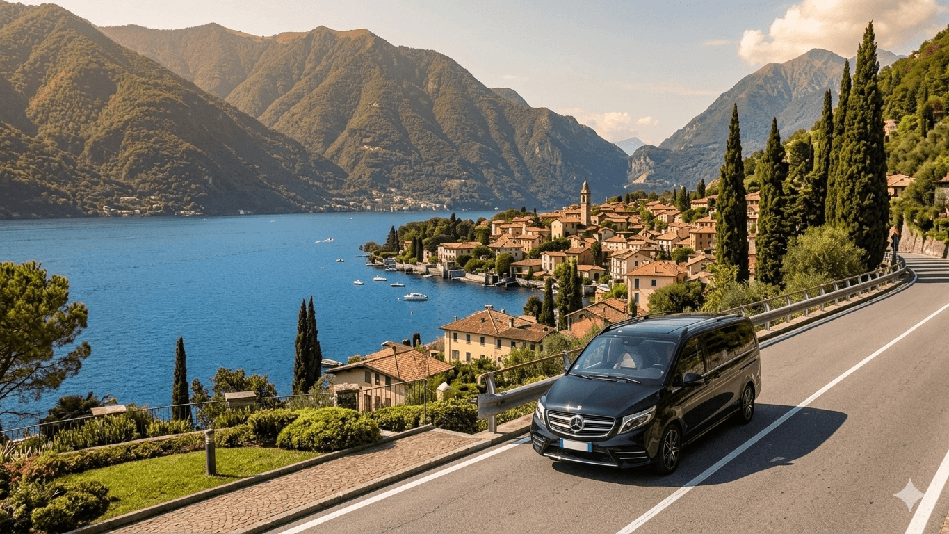 Luxury Mercedes-Benz V-Class driving on a scenic road along Lake Como with a view of a traditional Italian village