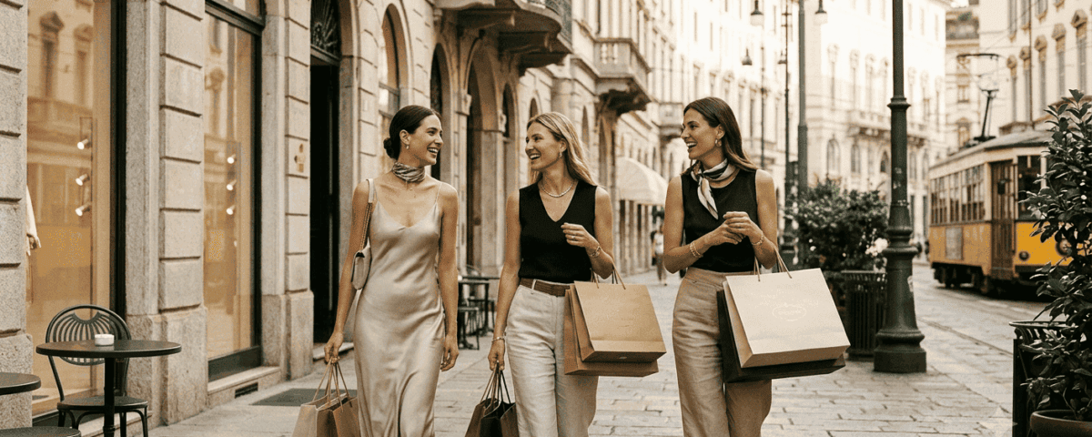 Three Elegant Women Shopping on Via Montenapoleone in Milan, Italy