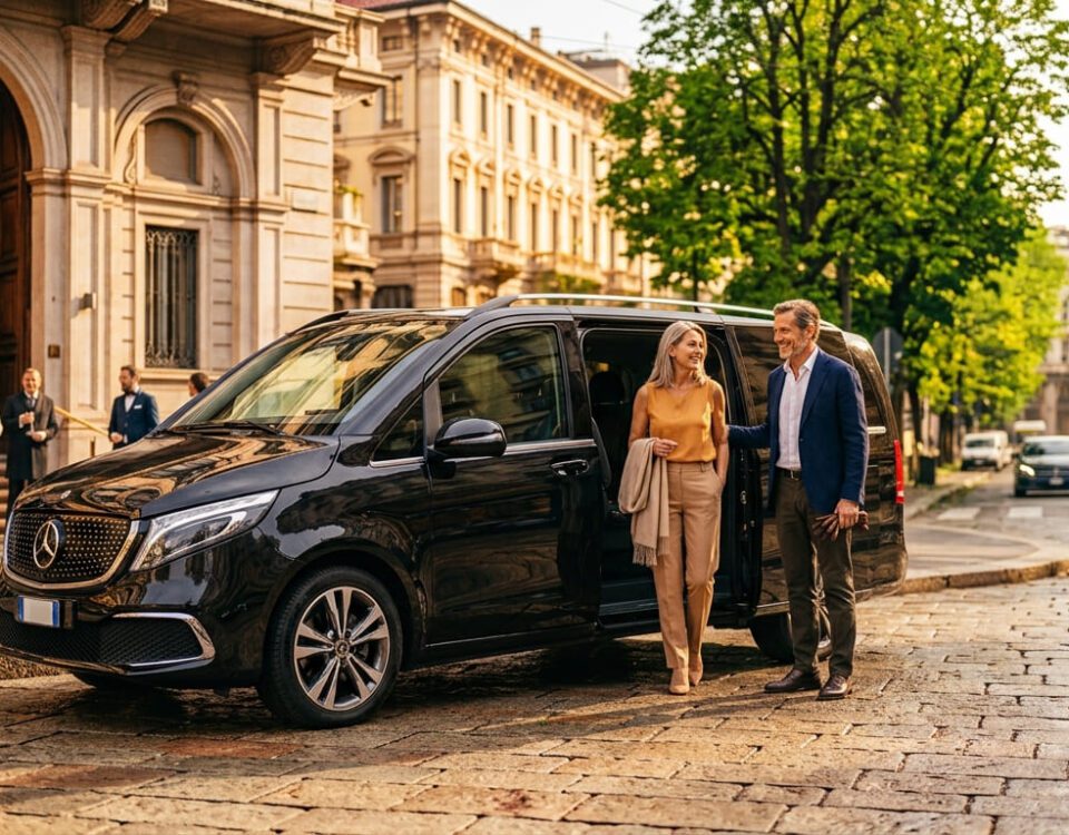 New Mercedes V-Class private chauffeur waiting outside luxury Milan hotel during early autumn events season