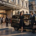 Elegant arrival at Milan Fashion Week 2026 with a professional luxury chauffeur service in a black V-Class van
