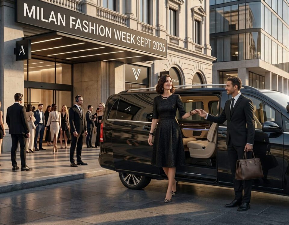 Elegant arrival at Milan Fashion Week 2026 with a professional luxury chauffeur service in a black V-Class van