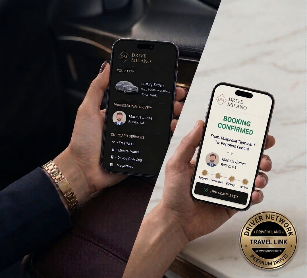 Drive Milano executive chauffeur booking and reservation confirmation on smartphones inside a luxury Mercedes-Benz vehicle